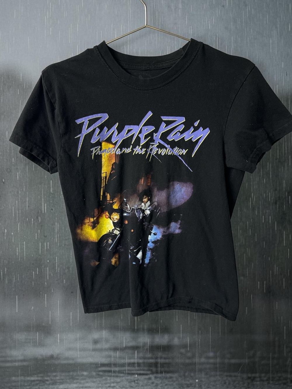 PRINCE - Black 'Purple Rain' Graphic Tee with Purple & Yellow Print